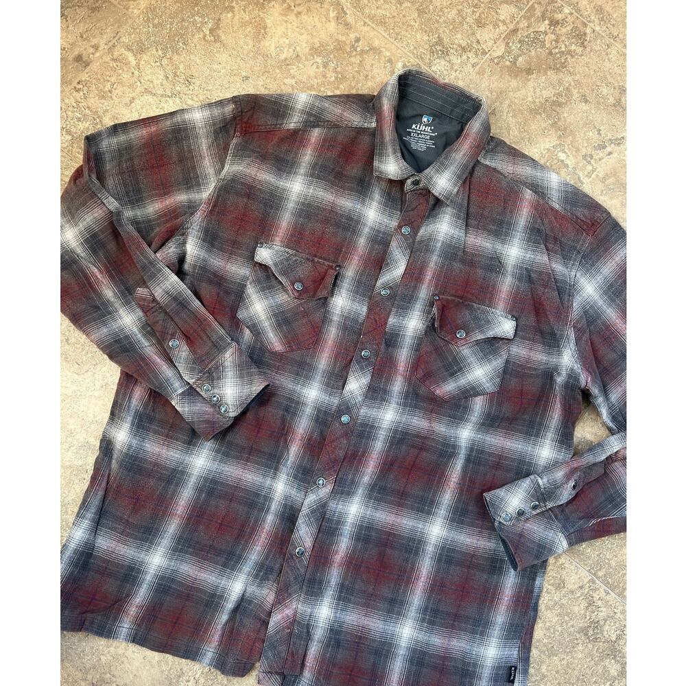 Kuhl plaid flannel pearl snap down long sleeve gray/maroon Men's shirt, size XXL